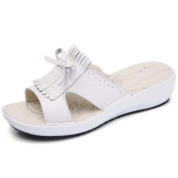 Dames Slip Op Causale Schoen Lederen Kwastje Platte Sandalen