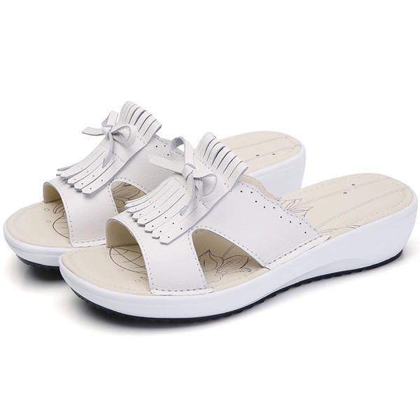 Dames Slip Op Causale Schoen Lederen Kwastje Platte Sandalen