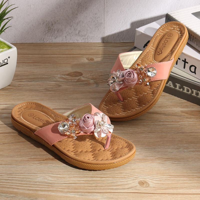 Dames Strand Bloemen Strass Clip Teen Slippers