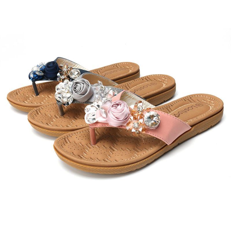 Dames Strand Bloemen Strass Clip Teen Slippers