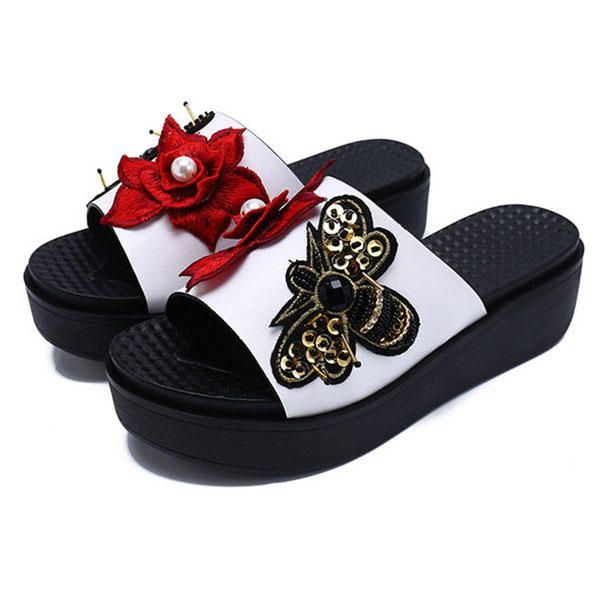 Dames Zomer Sandalen Slip Op Zachte Zool Bloem Borduurwerk Slippers