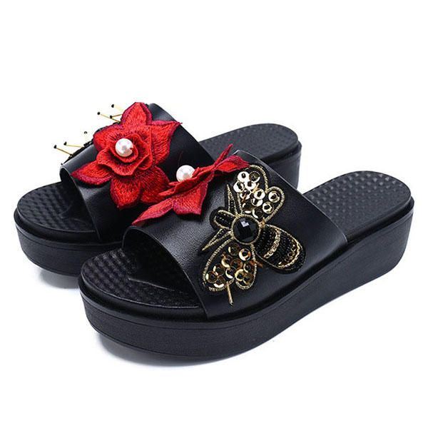 Dames Zomer Sandalen Slip Op Zachte Zool Bloem Borduurwerk Slippers