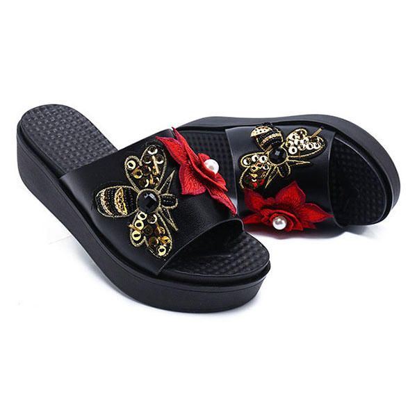 Dames Zomer Sandalen Slip Op Zachte Zool Bloem Borduurwerk Slippers