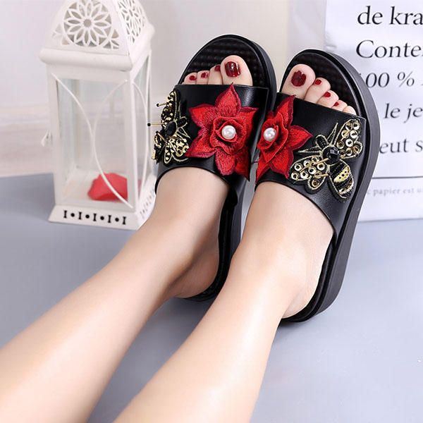 Dames Zomer Sandalen Slip Op Zachte Zool Bloem Borduurwerk Slippers