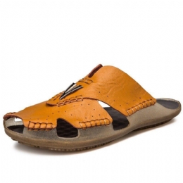 Echte Lederen Casual Stiksels Voor Heren Strandslippers Met Zachte Zool