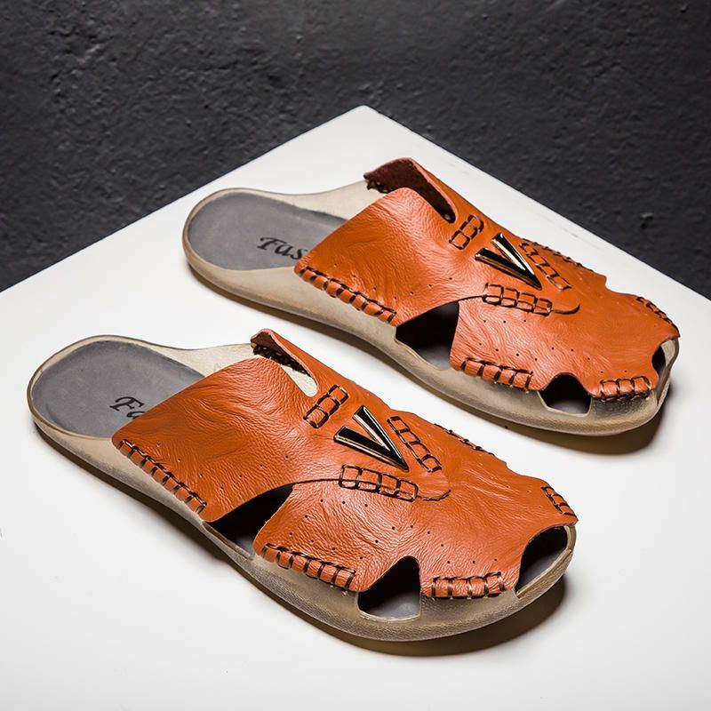 Echte Lederen Casual Stiksels Voor Heren Strandslippers Met Zachte Zool