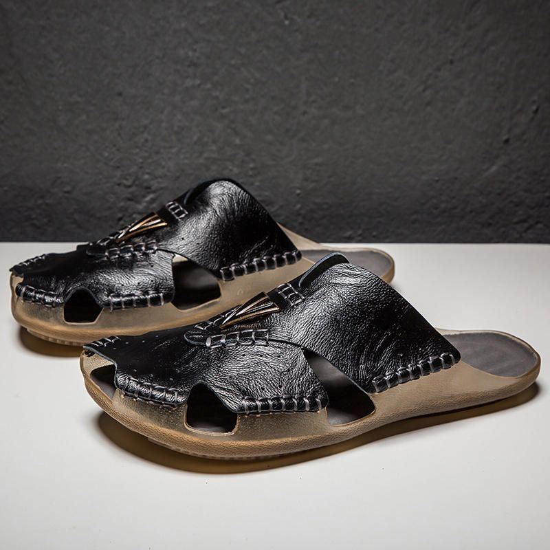 Echte Lederen Casual Stiksels Voor Heren Strandslippers Met Zachte Zool