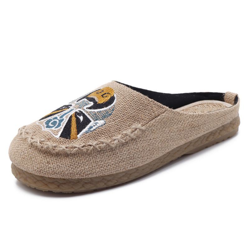 Heren Comfortabele Ademende Vlas Pantoffels Peking Opera Patroon Casual Ademende Loafers