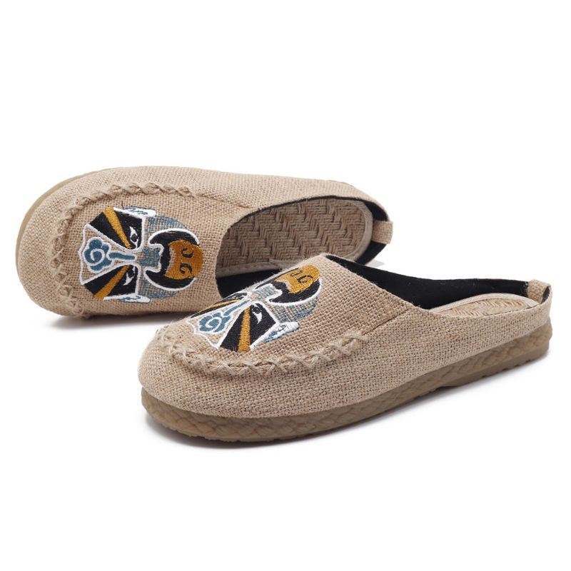 Heren Comfortabele Ademende Vlas Pantoffels Peking Opera Patroon Casual Ademende Loafers