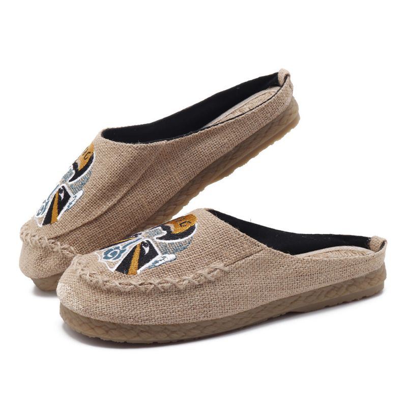 Heren Comfortabele Ademende Vlas Pantoffels Peking Opera Patroon Casual Ademende Loafers