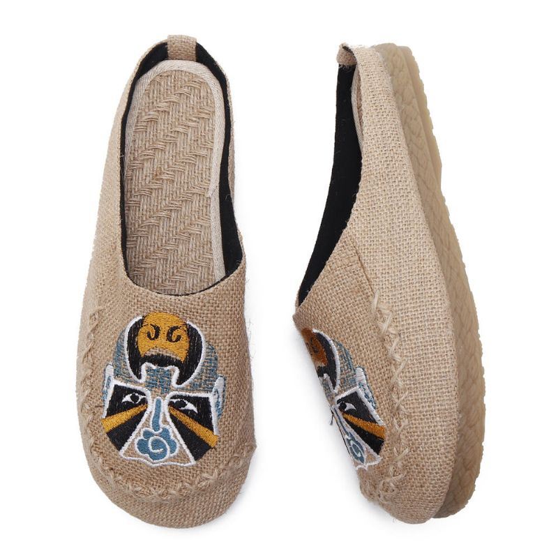 Heren Comfortabele Ademende Vlas Pantoffels Peking Opera Patroon Casual Ademende Loafers