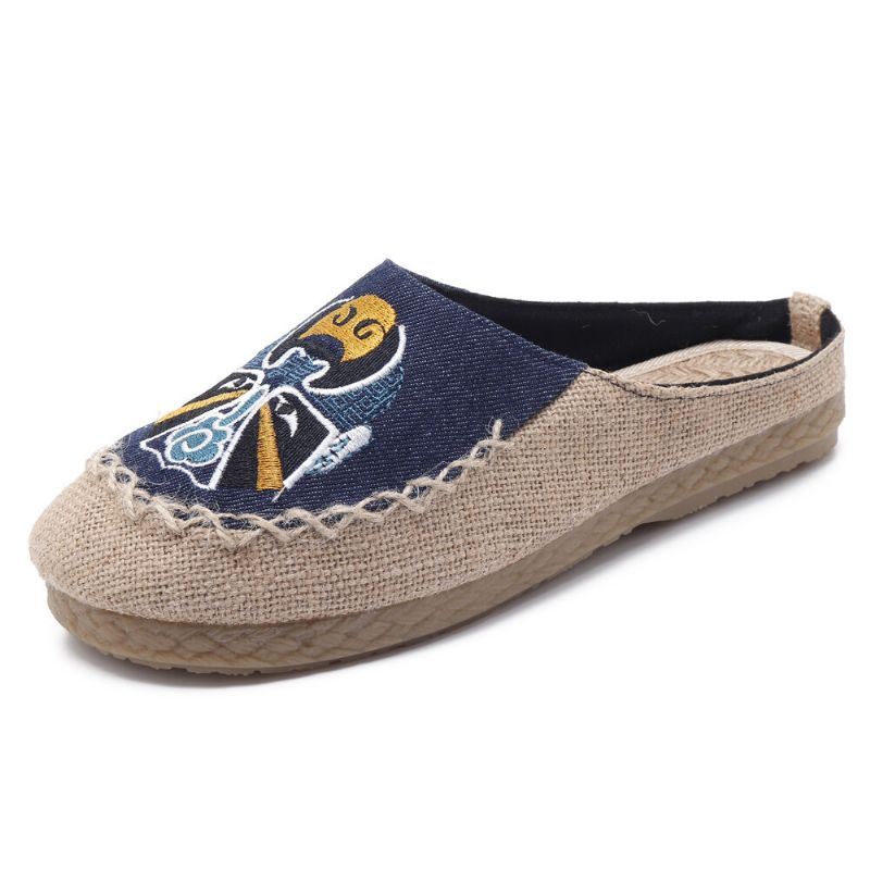 Heren Comfortabele Ademende Vlas Pantoffels Peking Opera Patroon Casual Ademende Loafers