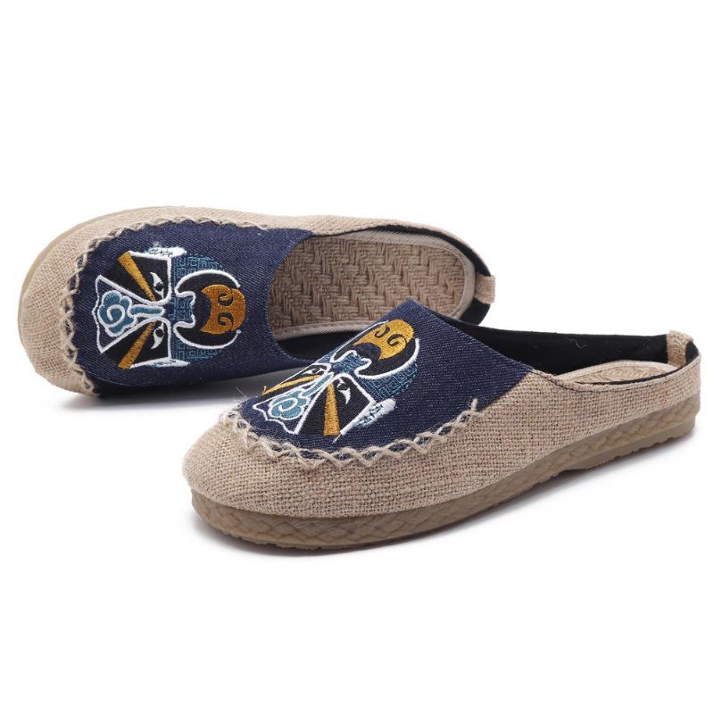 Heren Comfortabele Ademende Vlas Pantoffels Peking Opera Patroon Casual Ademende Loafers