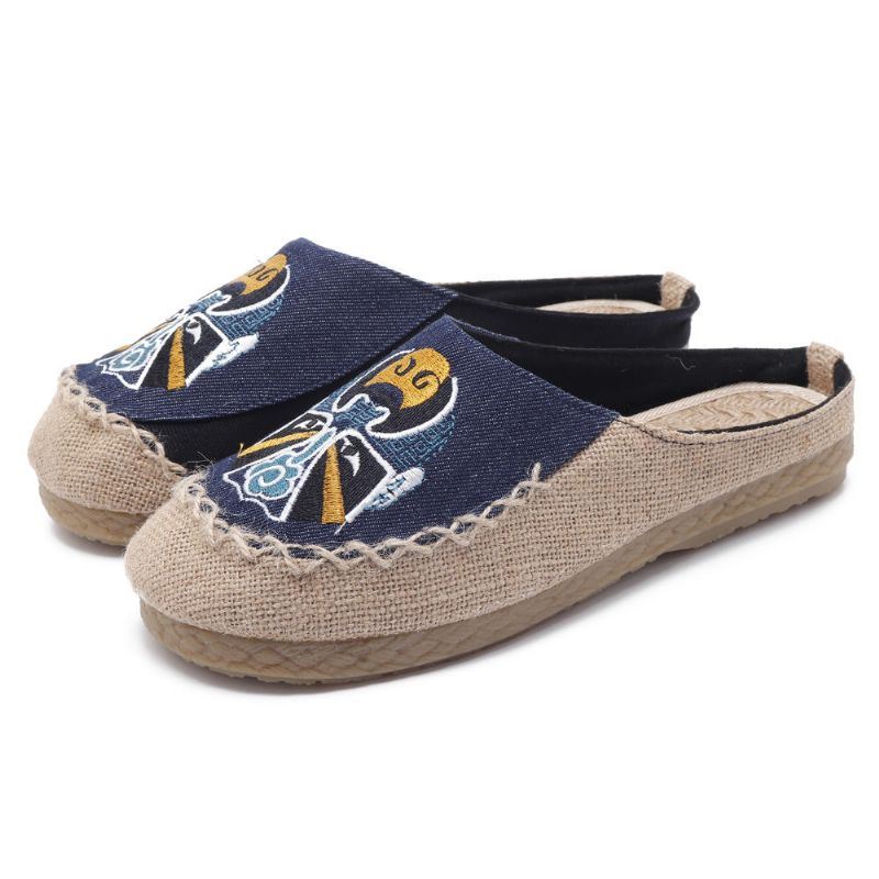 Heren Comfortabele Ademende Vlas Pantoffels Peking Opera Patroon Casual Ademende Loafers