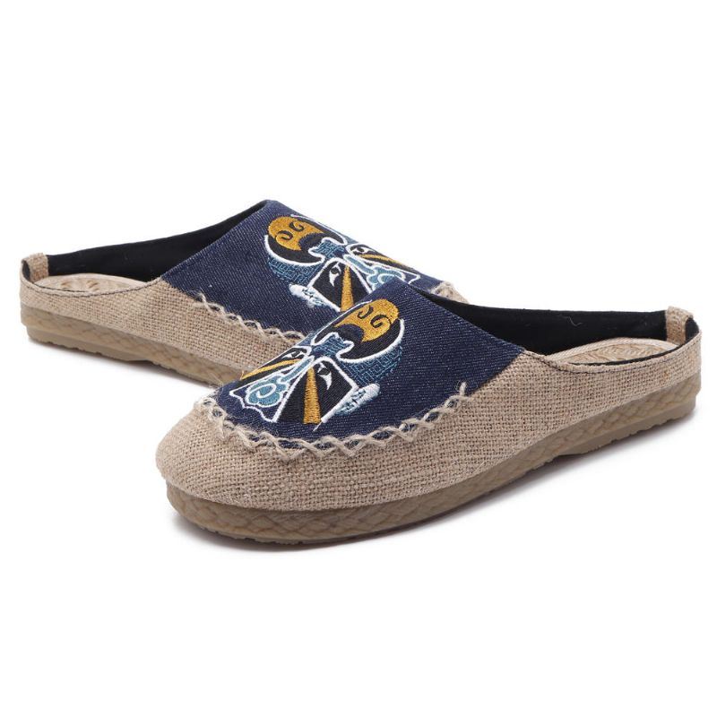 Heren Comfortabele Ademende Vlas Pantoffels Peking Opera Patroon Casual Ademende Loafers