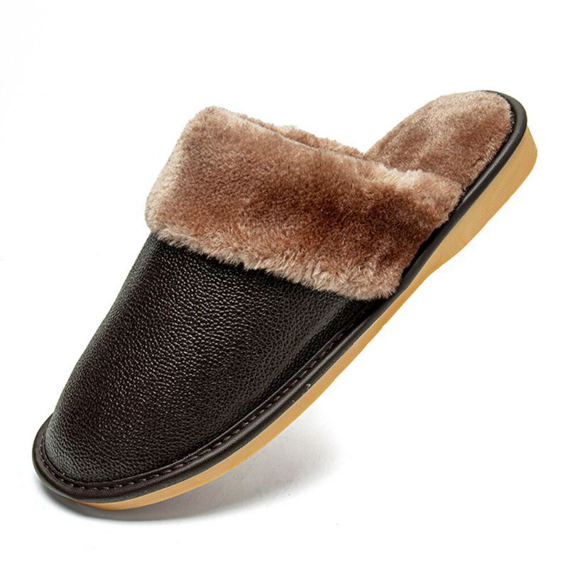 Heren Echt Leer Pluche Dikker Warmeh Zacht Slijtvaste Casual Thuis Katoenen Slippers