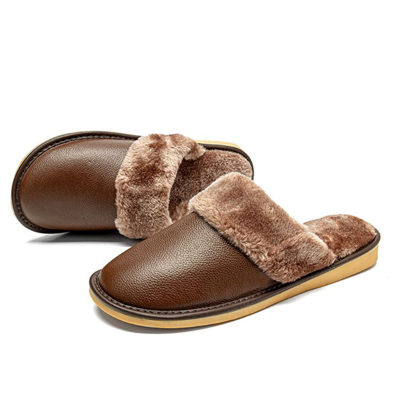 Heren Echt Leer Pluche Dikker Warmeh Zacht Slijtvaste Casual Thuis Katoenen Slippers