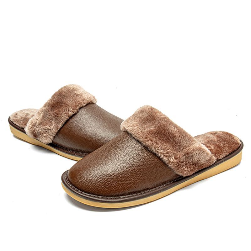 Heren Echt Leer Pluche Dikker Warmeh Zacht Slijtvaste Casual Thuis Katoenen Slippers