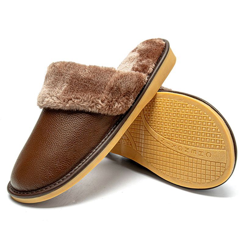 Heren Echt Leer Pluche Dikker Warmeh Zacht Slijtvaste Casual Thuis Katoenen Slippers