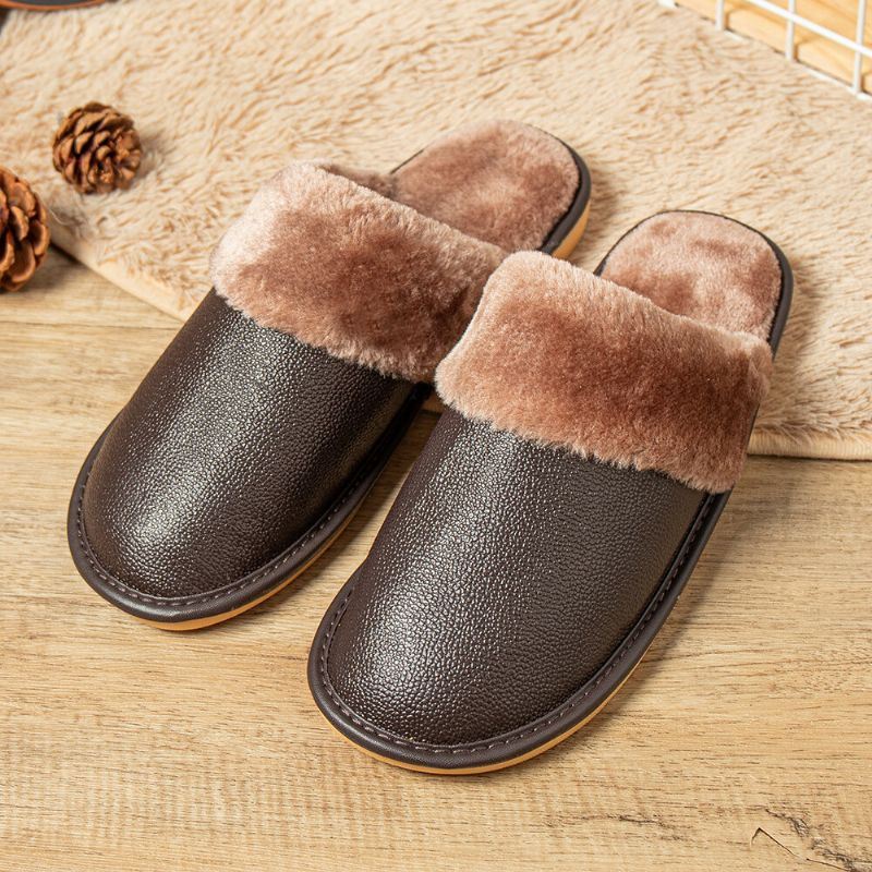 Heren Echt Leer Pluche Dikker Warmeh Zacht Slijtvaste Casual Thuis Katoenen Slippers