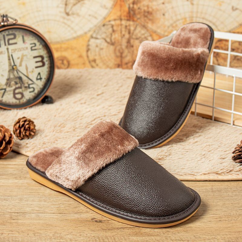 Heren Echt Leer Pluche Dikker Warmeh Zacht Slijtvaste Casual Thuis Katoenen Slippers