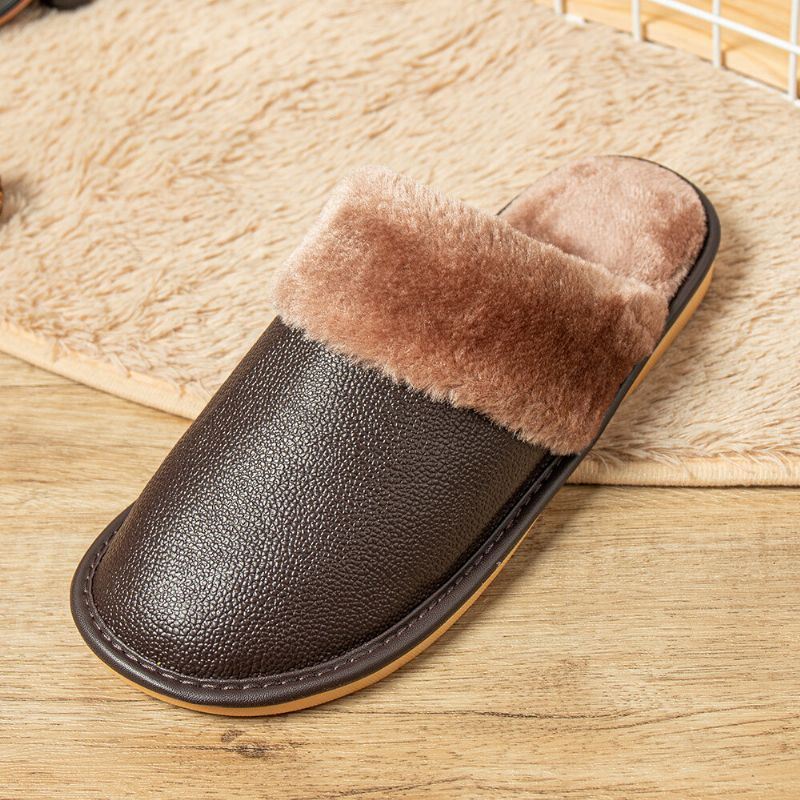 Heren Echt Leer Pluche Dikker Warmeh Zacht Slijtvaste Casual Thuis Katoenen Slippers