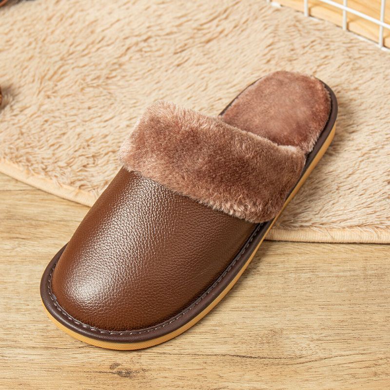 Heren Echt Leer Pluche Dikker Warmeh Zacht Slijtvaste Casual Thuis Katoenen Slippers