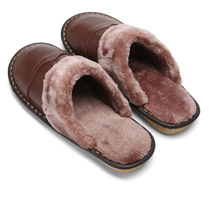 Heren Eerste Laag Koeienhuid Antislip Warmeh Ronde Neus Instappers Comfortabele Katoenen Slippers