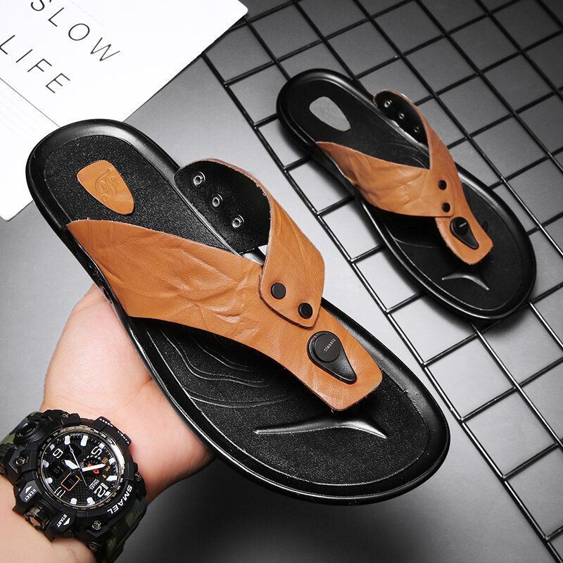 Heren Leer Ademend Zachte Zool Antislip Comfortabele Outdoor Slippers Casual Slippers