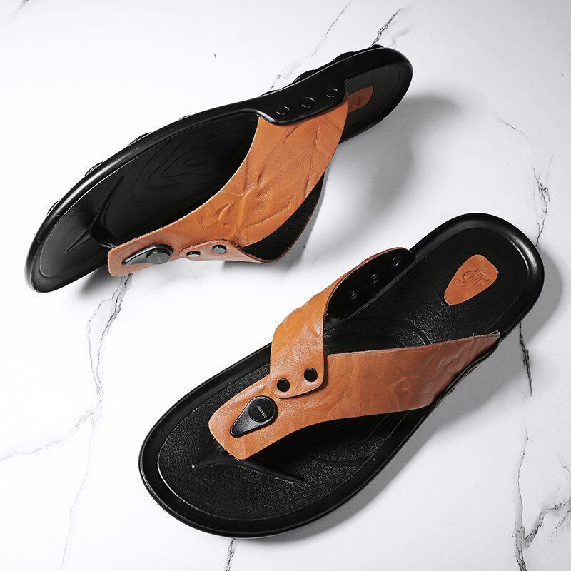 Heren Leer Ademend Zachte Zool Antislip Comfortabele Outdoor Slippers Casual Slippers