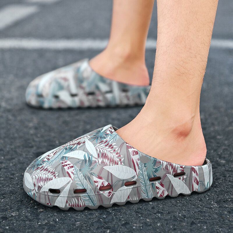 Heren Pvc Kokospalm Print Zachte Dikke Zool Antislip Comfortabel Ademend Zomer Casual Thuis Slide Slippers