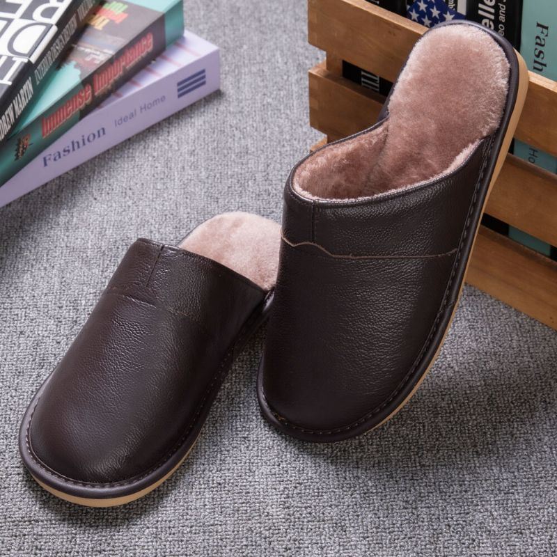 Heren Winter Dikke Zolen Antislip Warmte Comfortabele Lederen Thuis Katoenen Slippers