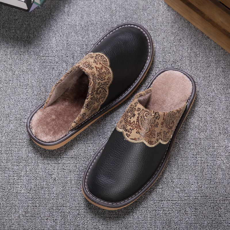 Heren Winter Pu-leer Ronde Teen Warme Easy Slip-on Thuis Katoenen Pantoffels