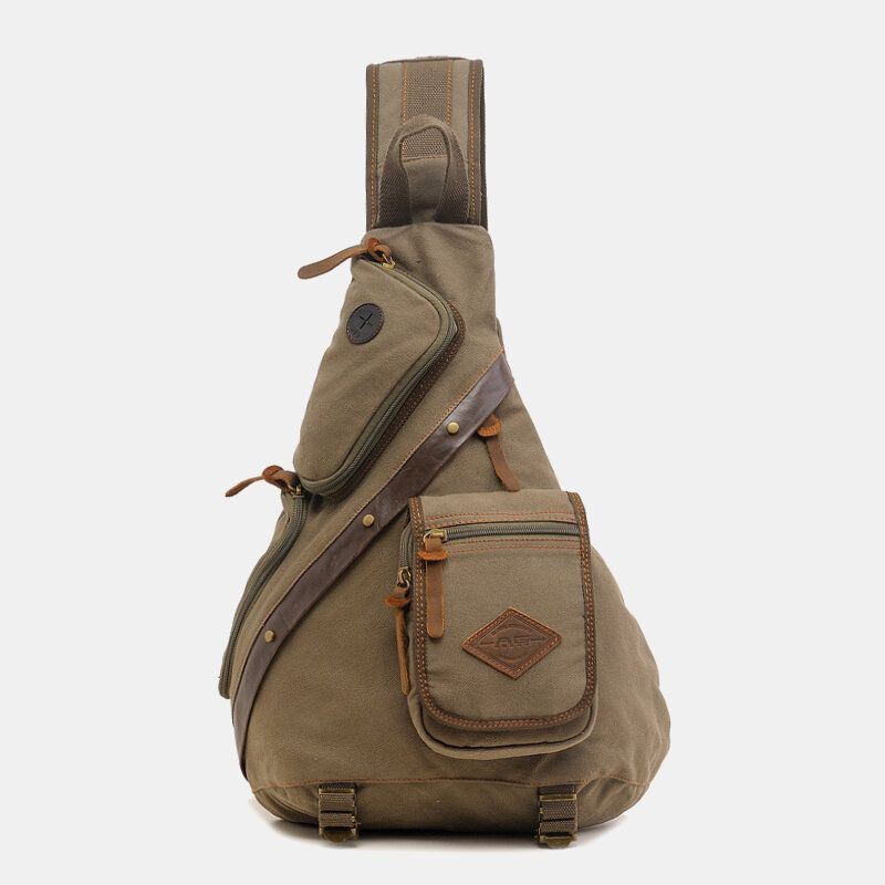 Heren Echt Leer En Canvas Reizen Outdoor Draagtas Multi-pocket Crossbody Tas Borsttas