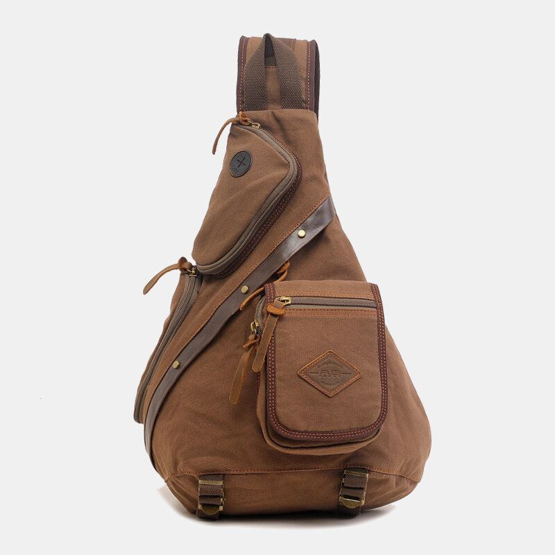 Heren Echt Leer En Canvas Reizen Outdoor Draagtas Multi-pocket Crossbody Tas Borsttas