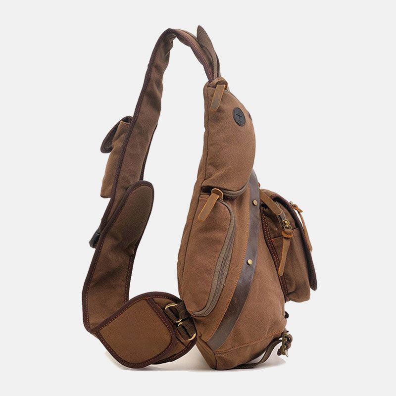 Heren Echt Leer En Canvas Reizen Outdoor Draagtas Multi-pocket Crossbody Tas Borsttas