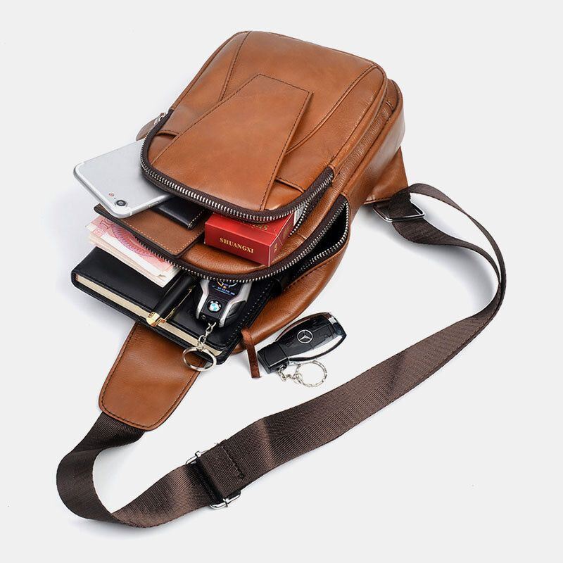 Heren Echt Leer Terug Anti-diefstal Rits Borst Zak Mode Casual Slijtvaste Crossbody Tas Schoudertas