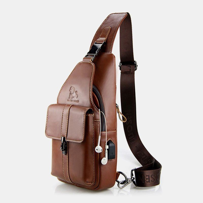 Heren Echt Leer Usb Opladen Retro Casual Koeienhuid Borsttas Sling Bag Crossbody Bag