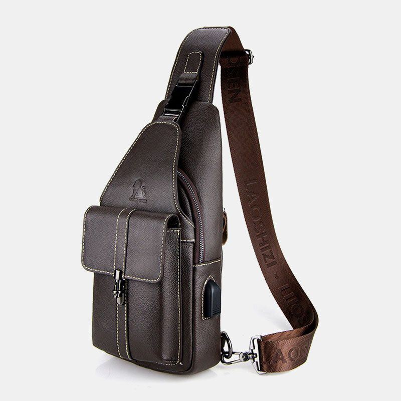 Heren Echt Leer Usb Opladen Retro Casual Koeienhuid Borsttas Sling Bag Crossbody Bag