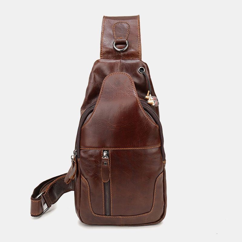 Heren Eerste Laag Koeienhuid Retro Multi-pocket Hoofdtelefoongat Ontwerp Borsttas Crossbody Tas