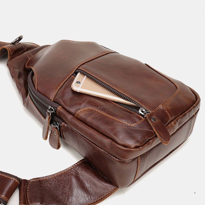 Heren Eerste Laag Koeienhuid Retro Multi-pocket Hoofdtelefoongat Ontwerp Borsttas Crossbody Tas