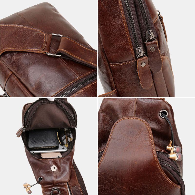 Heren Eerste Laag Koeienhuid Retro Multi-pocket Hoofdtelefoongat Ontwerp Borsttas Crossbody Tas