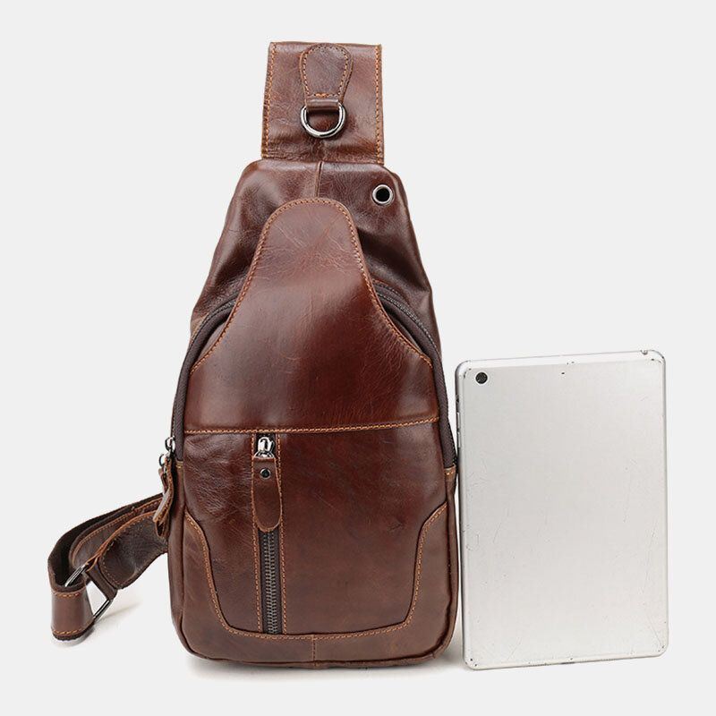 Heren Eerste Laag Koeienhuid Retro Multi-pocket Hoofdtelefoongat Ontwerp Borsttas Crossbody Tas