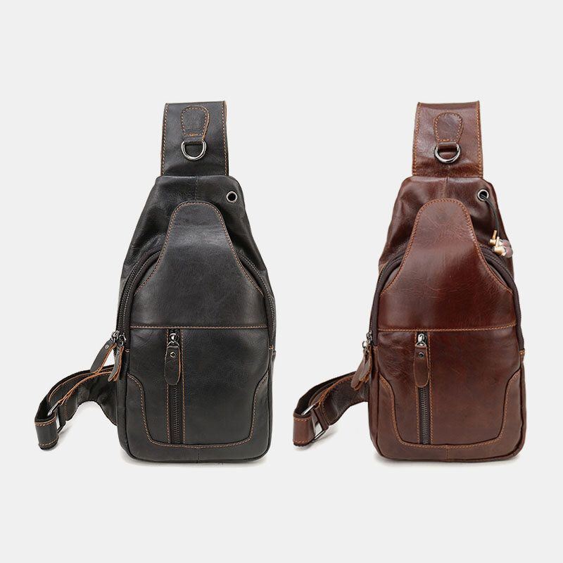 Heren Eerste Laag Koeienhuid Retro Multi-pocket Hoofdtelefoongat Ontwerp Borsttas Crossbody Tas