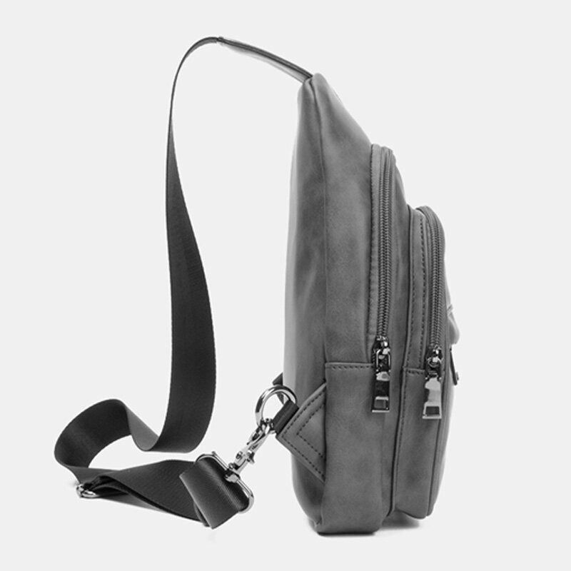 Heren Effen Kleur Hoofdtelefoon Gat Ontwerp Multi-pocket Borst Tas Casual Outdoor Pu Zacht Leer Slijtvaste Crossbody Tassen Schoudertas