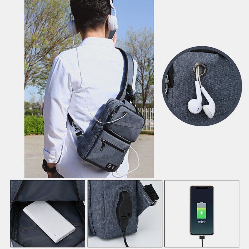 Heren Grote Capaciteit Usb Oplaadbare Gat Hoofdtelefoon Gat Waterdichte Borst Tassen Schoudertas Crossbody Tassen