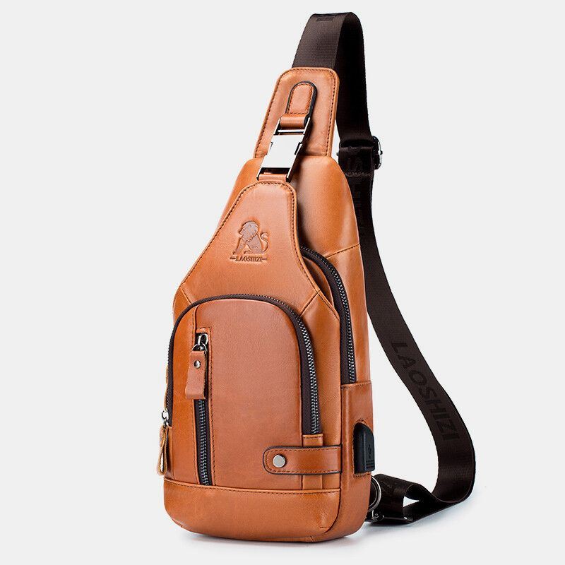 Heren Koeienhuid Multi-pocket Usb Opladen Borsttas Outdoor Reizen Anti-diefstal Crossbody Schoudertas