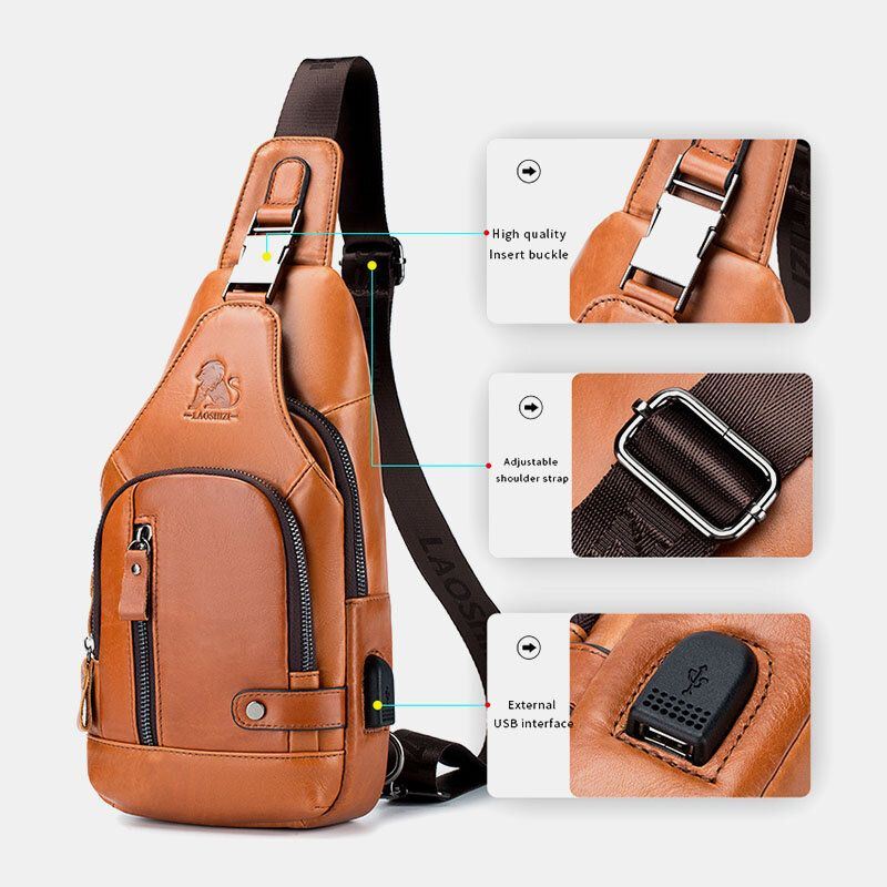 Heren Koeienhuid Multi-pocket Usb Opladen Borsttas Outdoor Reizen Anti-diefstal Crossbody Schoudertas