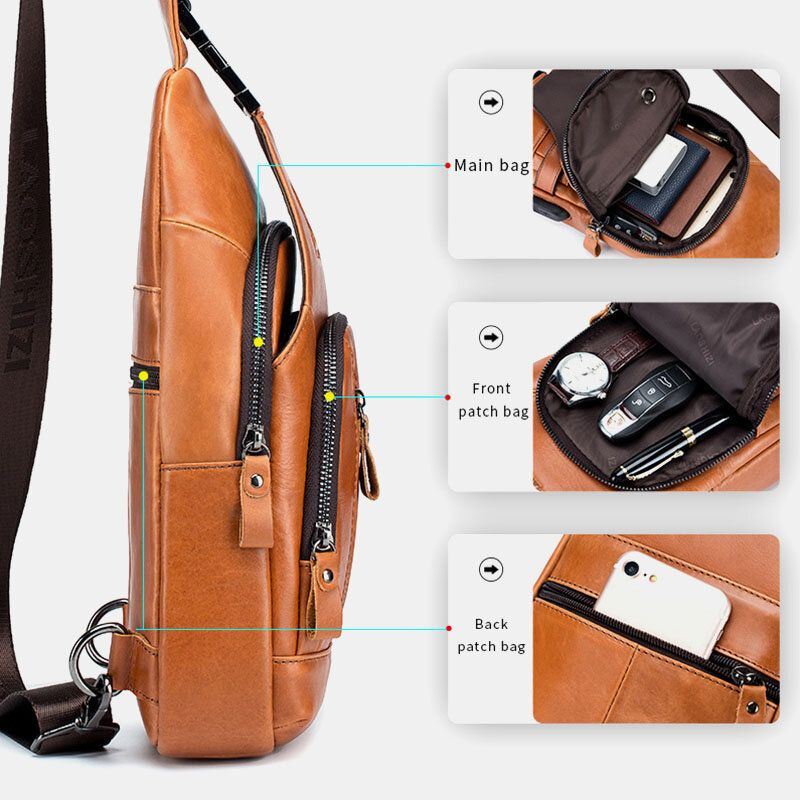 Heren Koeienhuid Multi-pocket Usb Opladen Borsttas Outdoor Reizen Anti-diefstal Crossbody Schoudertas