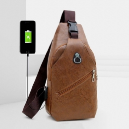 Heren Kunstleer Usb Opladen Oortelefoon Reizen Retro Zakelijke Borsttas Crossbody Tas